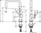 Spültischmischer von Hansgrohe mit einem schwenkbaren Auslauf und seitlichem Hebel zur Wasserregelung. Technische Zeichnung mit Maßen und Anschlussdetails.